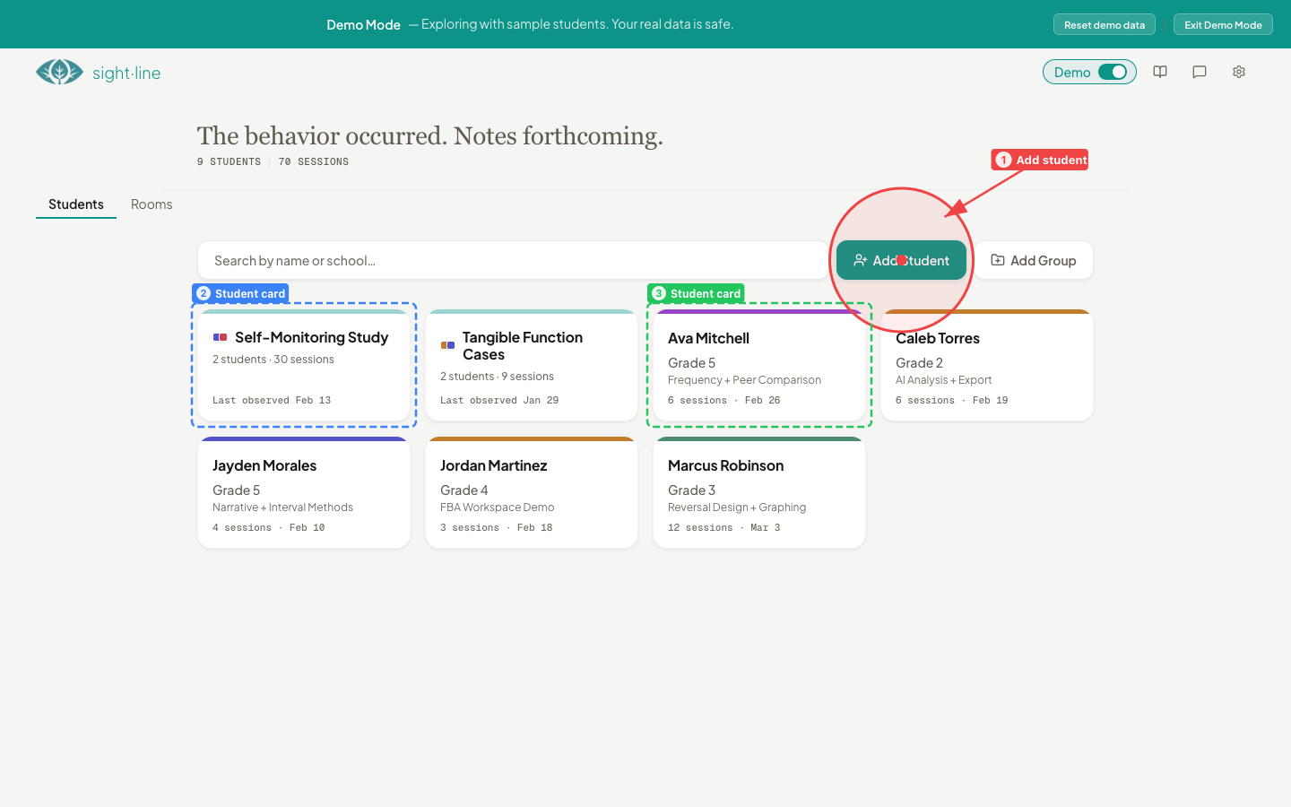 The Student Picker showing student cards, groups, and the Add Student button