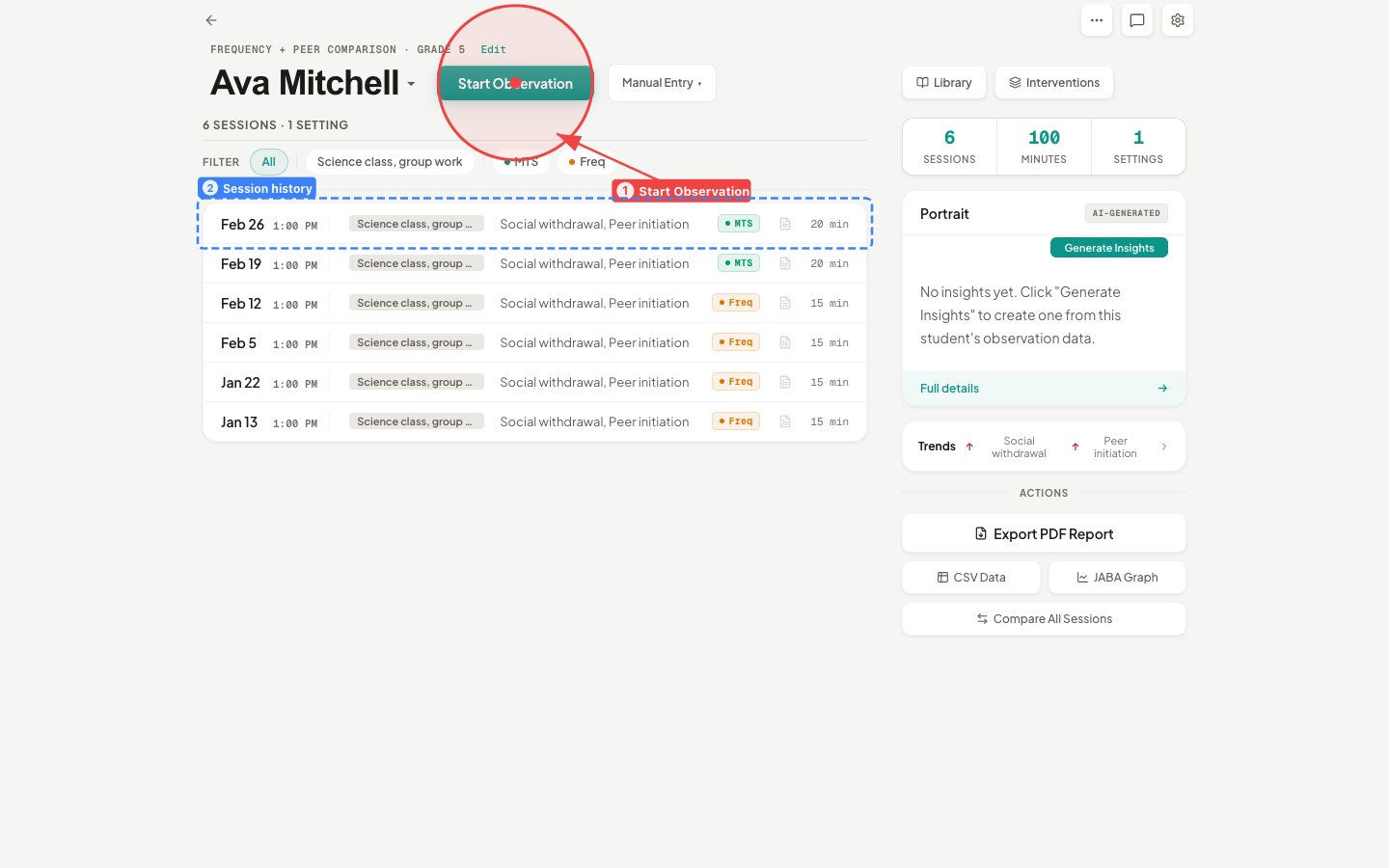 Student Hub showing session history, Start Observation button, and insights panel