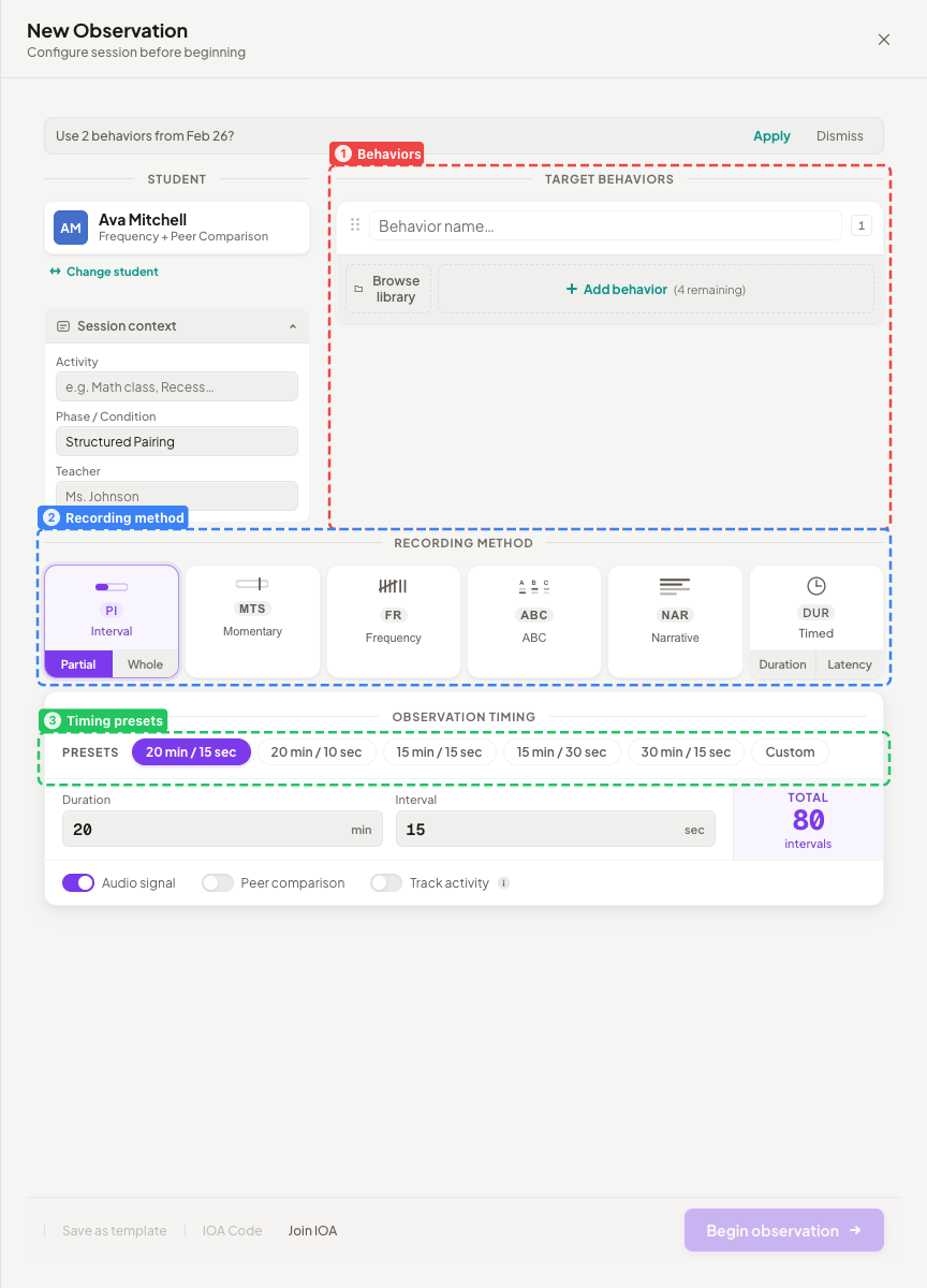 Setup screen showing student, behaviors, method grid, and timing options