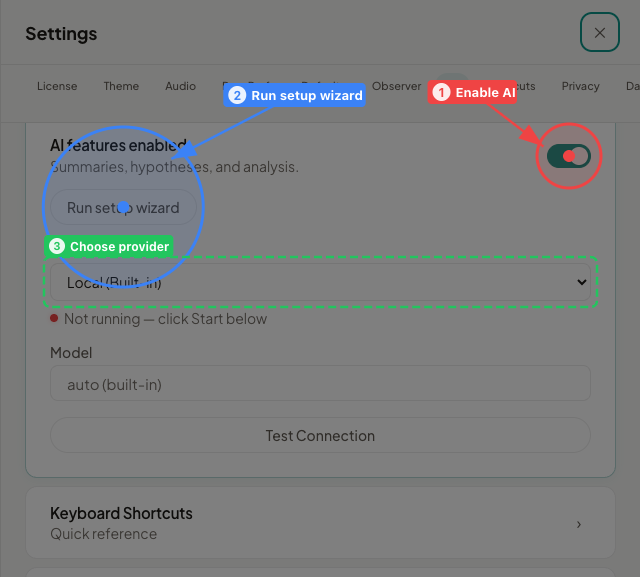 AI Assistant settings showing the enable toggle, provider selector, and Run setup wizard button