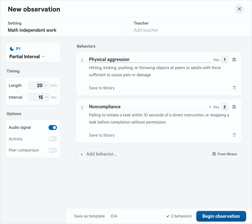 The New Observation setup screen: choose target behaviors, a recording method and the session timing before starting.