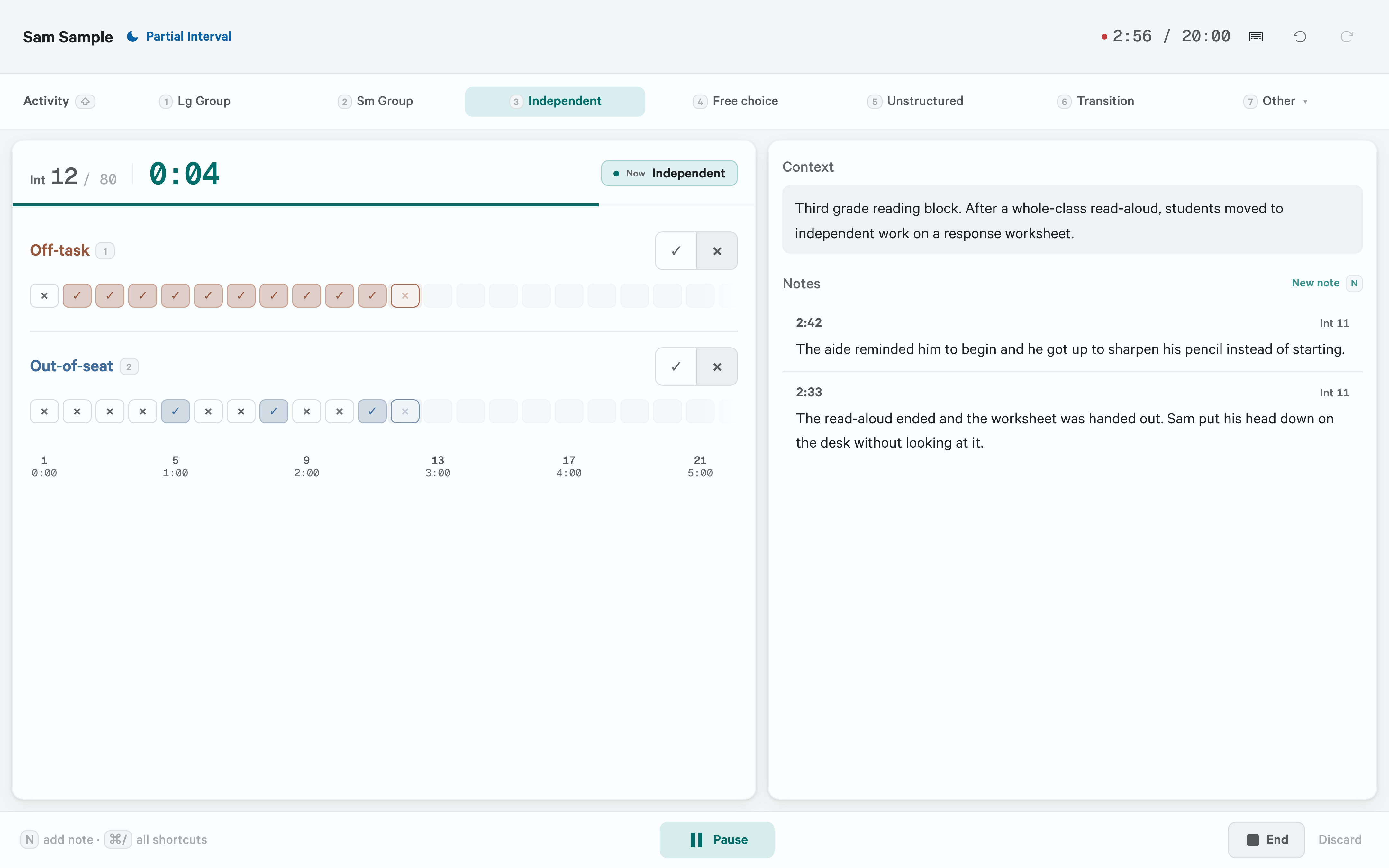 The Sightline recording screen during a partial-interval session: a running interval clock, the current activity, scoring controls for two behaviors with their interval grids, and session notes and a timestamped observation log beside them.